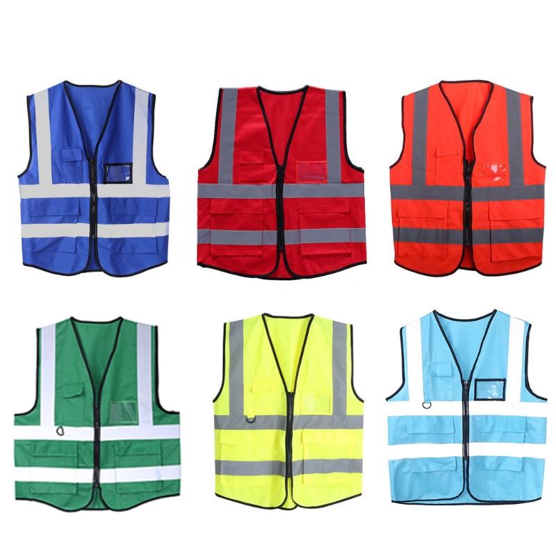

Motorcycle Apparel Hi-Vis Safety Vest With Zipper Reflective Jacket Security Waistcoat 5 Pockets A70F