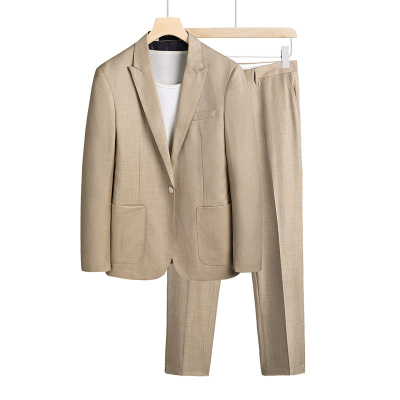

Men's suitsuit autumn solid color casual slim fit business formal suit two-piece suit single row one button, Khaki
