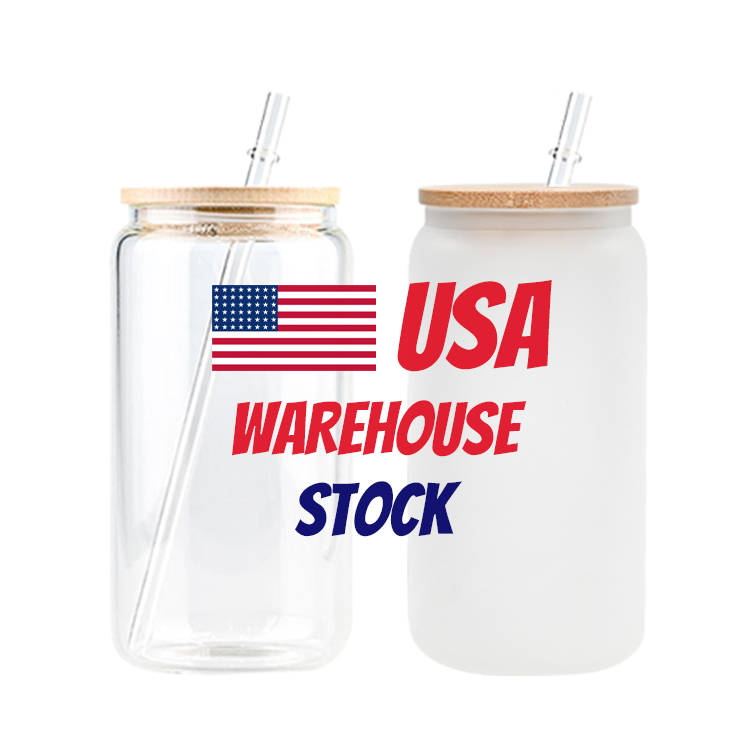 

12oz 16oz Sublimation Glass Beer Mugs Glass Water Bottle Beer Can Glass Tumbler Drinking Glasses With Bamboo Lid And Reusable Straw Iced Coffee Glasses, Clear with straw and lid