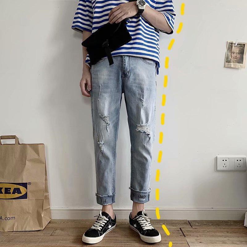 

Men's Jeans Summer 2022 Hip Hop Pants Ripped For Men Denim Straight Leg Boys Youth Man Clothes Korean Ankle Length TrousersMen's Heat22, Sky blue