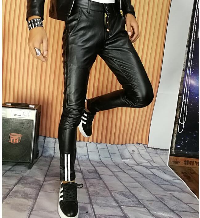 

Men's Pants Autumn Winter Slim Personality Fashion Indproof Motorcycle Leather Mens Feet Pu Trousers For Men Pantalon HommeMen's, Black