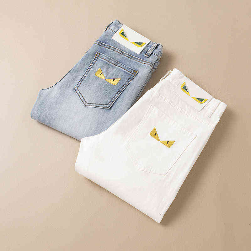 

Summer 2022 Men's Light Blue White Thin Medium Waist Micro Elastic Small Straight Jeans
