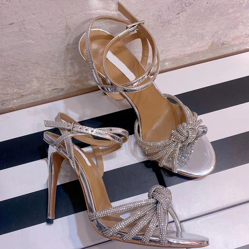 

fashion stiletto sandals 9.5CM heel women shoes designer Satin Narrow Band Rhinestone decoration heels quality Genuine Leather high heeled Lady sandal with box, Black