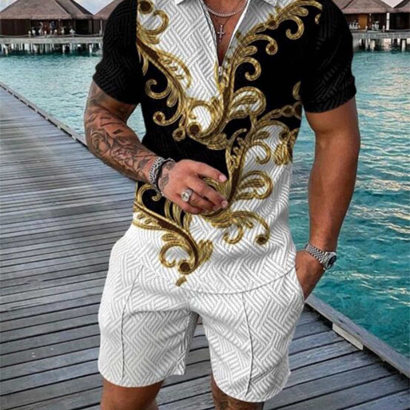 

Summer Mens Casual Polo Shirt Suit Street Fashion Trend 3D Printing Zipper Short Sleeve TShirt Shorts Two Piece Set 220616, Photo color