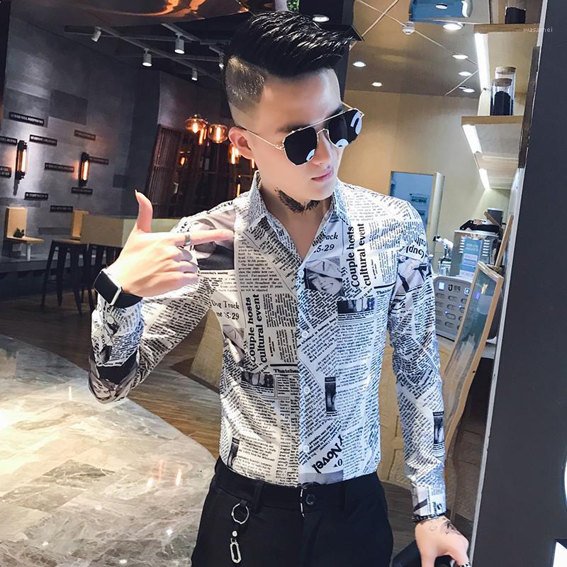 

Mens Wear Fashion Boutique Spaper Printing Men Casual Long-sleeved Shirts Designer Design Social Male Tight Slim Men's, Black