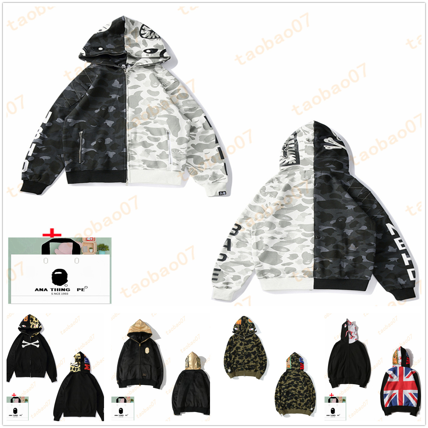 

apes Men Hoodies women cardigan shark hooded high quality sweater zipper jacket starry sky luminous camouflage Bring tote bag B13, 1pcs buttons