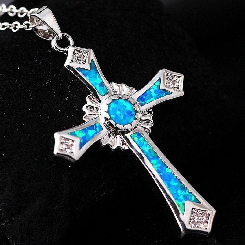 

Pendant Necklaces Fashion Exquisite Blue Opal Cross NecklacePendant