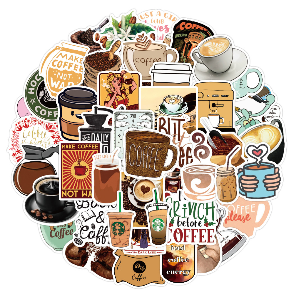 

50Pcs Coffee Stickers Non-Random For Car Bike Luggage Sticker Laptop Skateboard Motor Water Bottle Snowboard wall Decals Kids Gifts, Multi-color