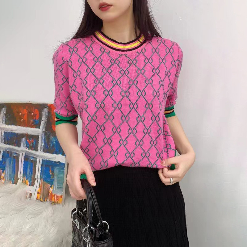 

2022 European and American Summer Knitted Pullover Short Sleeve Thin Top for Women Temperament Commute, Rose red
