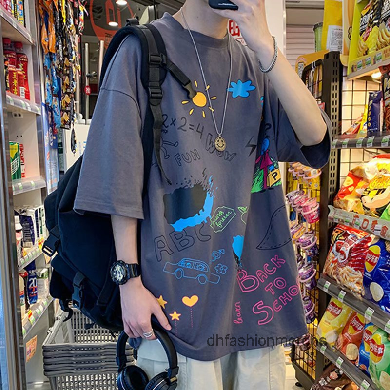 

designer t shirt tshirts mens loose fitting 5-sleeve hip hop graffiti short sleeve brand new half sleeve top summer clothes, White