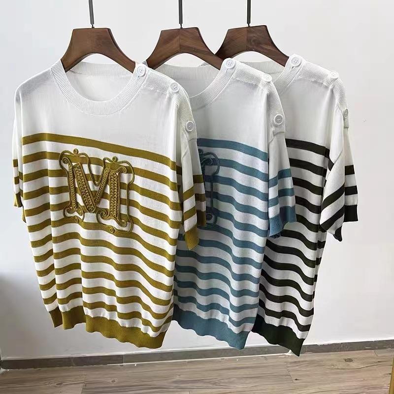 

Women' T-Shirt Summer 2022 Stripes Knit Tee Women Color Patchwork Shoulder Buttons Letter Embridery Top Female Knitwear TshirtWomen, Green