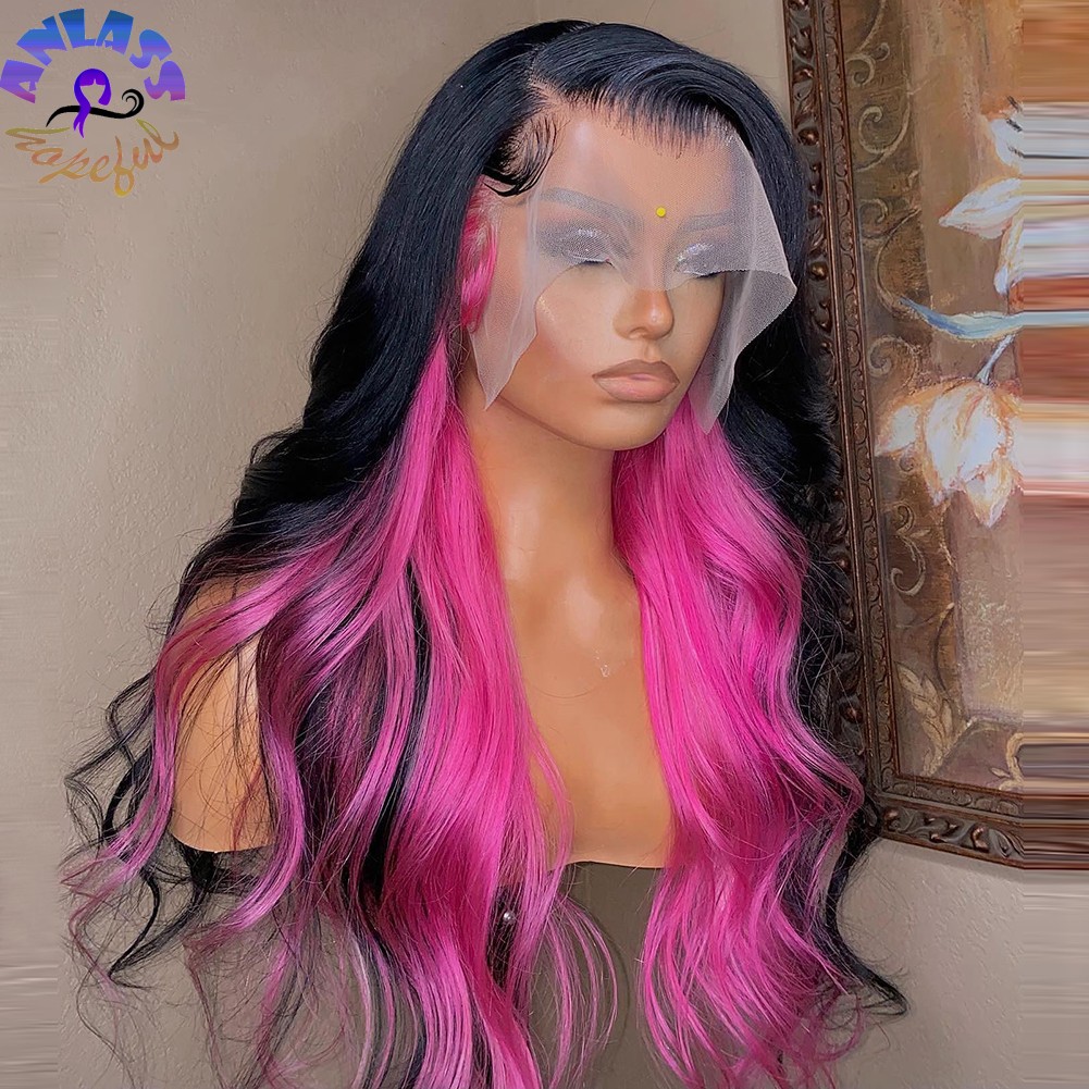 

180 Density Pink Highlight With Black Body Wave Wig Brazilian Wigs Pre Plucked 13x4 Lace Frontal Wig Synthetic Hair Transparent Lace, Lace front wig