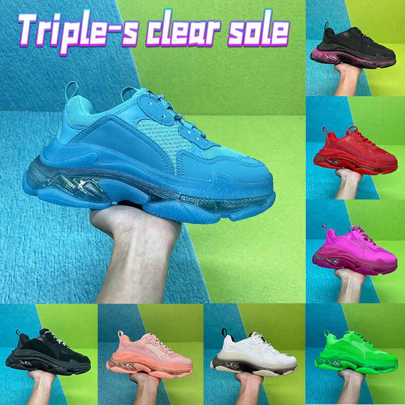 

Top quality triple-s clear sole casual Shoes Turquoise white grey fluo yellow black pink neon fuchsia beige red green luxury mens Sneakers fashion women trainers, Shoe box