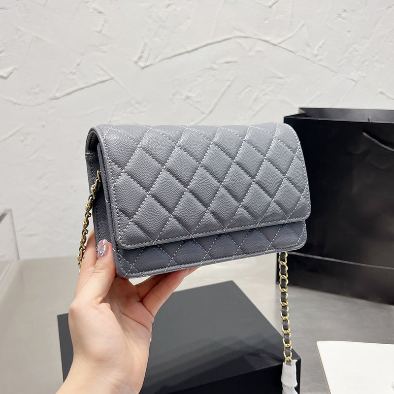

Caviar Leather Calfskin Wallet With Chain Bag Classic Mini Flap Multi Pochette Card Holder Purse Gold Metal Hardware Matelasse Chain Crossbody Shoulder Handbag 20C, Box