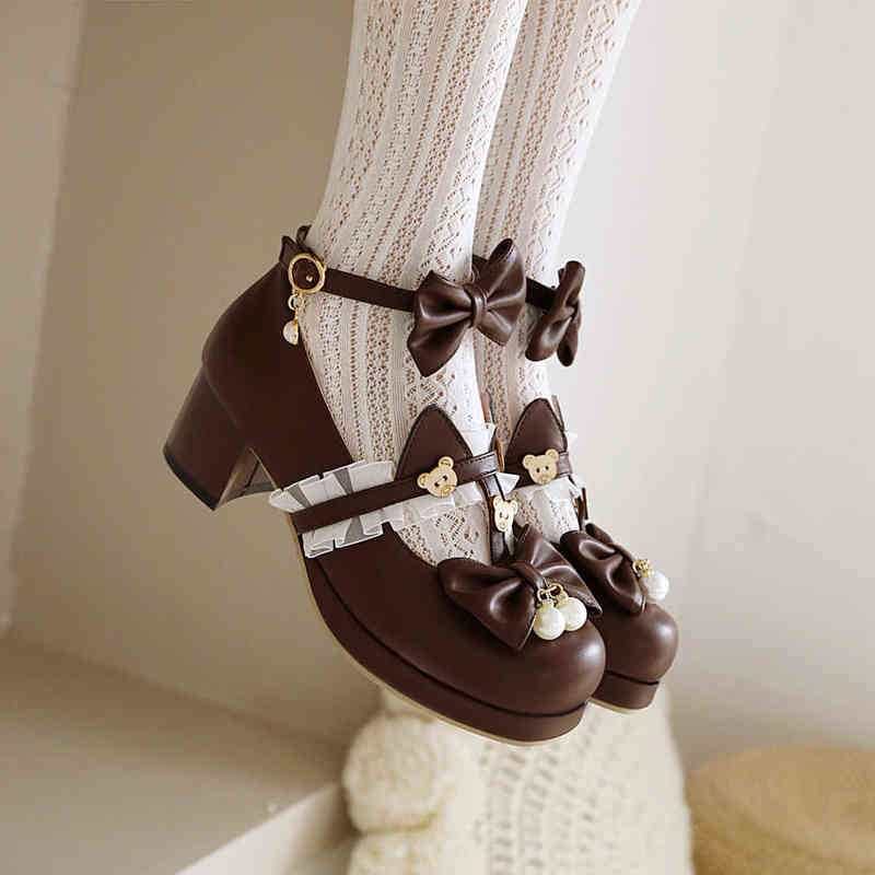 

Women Dress Shoes 2022 New Women Shoes Plus Size 22-28cm Feet Length Lace Bow Buckle Cute Lolita Girls Cartoon Bear Pearl Mary Jane 220607, Brown