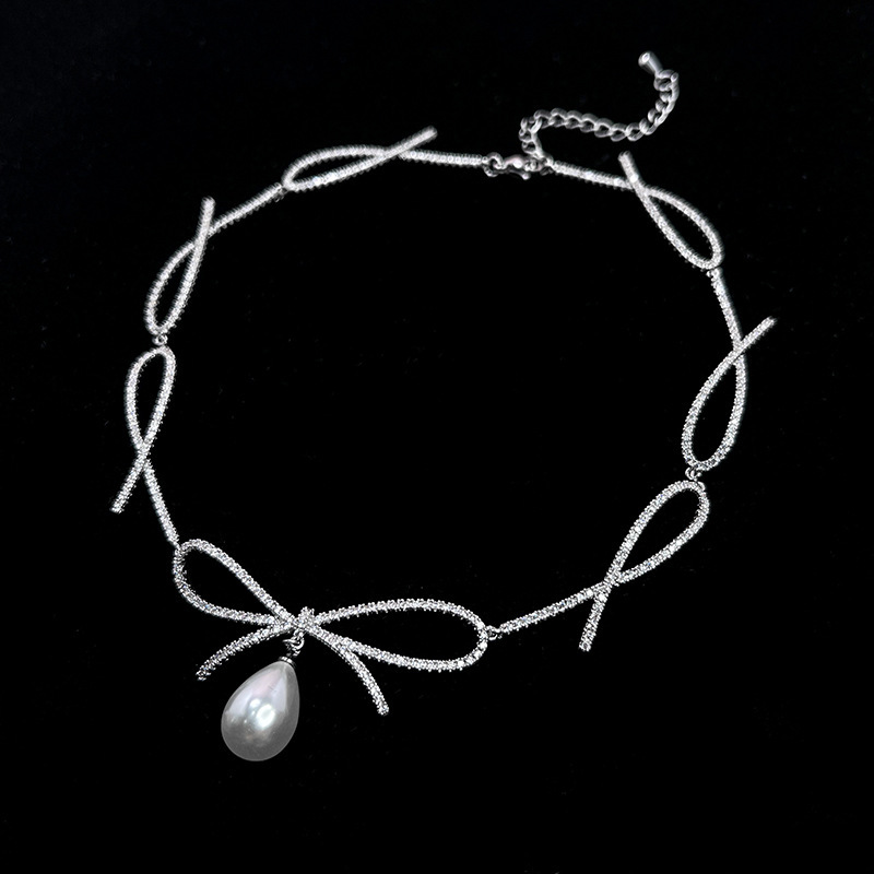 

Wedding Series Bow Tie Ribbon Pearl Pendant Necklace Women's Romantic High Sense Light Luxury Clavicle Chain