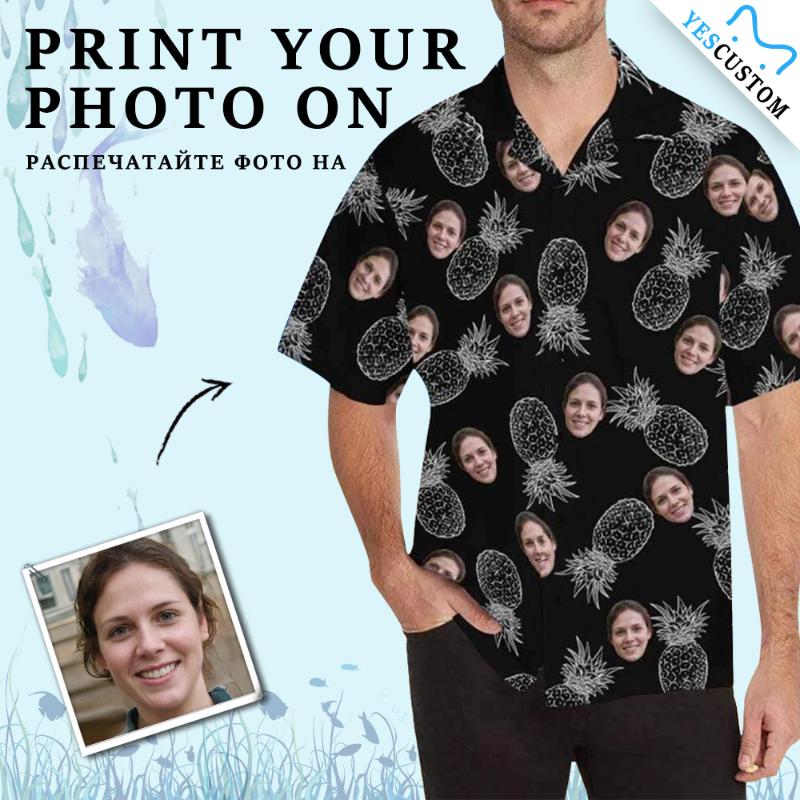 

Men' Casual Shirts YesCustom T-Shirt Pineapple Black Custom Face Cardigan Beach Tee Printed Soft Party Hawaiian Shirt Blouses Tops Pet Love, As pic show