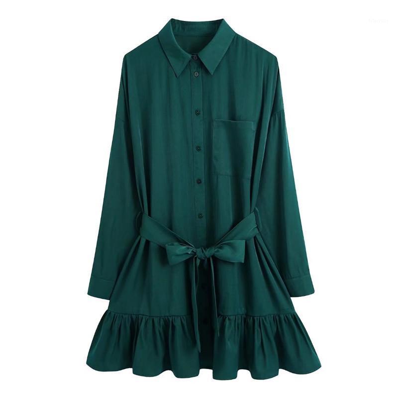 

Casual Dresses Evfer Womens Spring Autumn Single Breasred Shirt Style Green Mini Female Turn-Down Collar Dress With Belt Femme