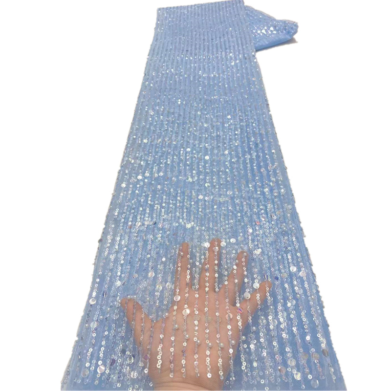 

Luxury Blue Nigerian Bead Lace Fabric Embroidery Tulle Mesh African Net Sequins Laces Fabrics For Sewing