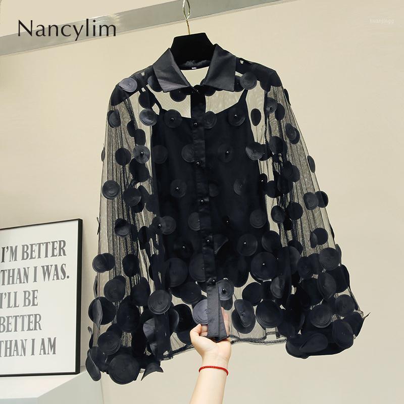 

Lady Shirt 2022 Spring Summer French Hepburn Style Hollowed Out Flower Beaded Blouse Female Fashion Blouses Tops Women's & Shirts, Black