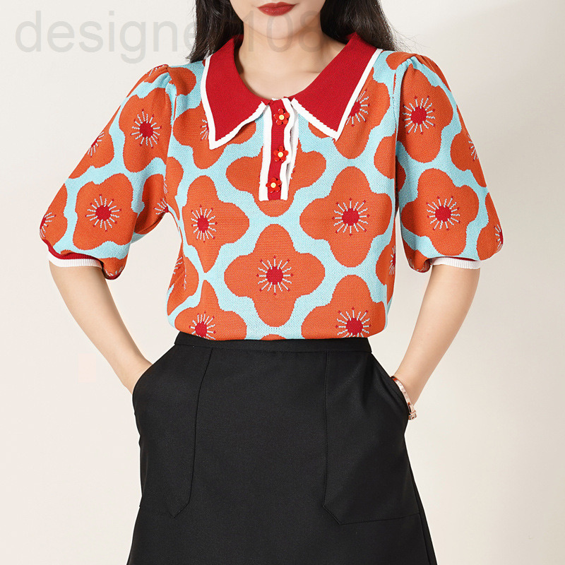 

Women' Knits & Tees designer []Summer new flower knitting short sleeve ice silk thin Polo Lapel bubble blouse women QBH2, 2# packing bag