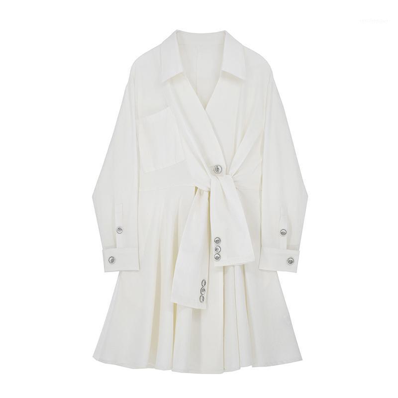 

Casual Dresses Lapel Collar Women Dress Elegant Lace Up Lantern Long Sleeve High Waist Ruched Asymmetrical For Female Tide, White