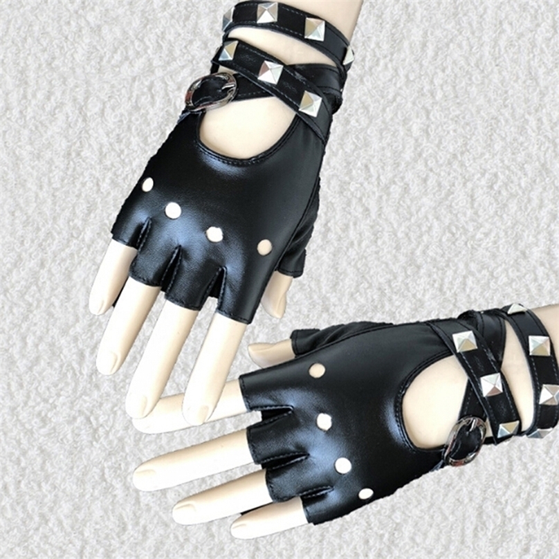 

Unisex Fingerless Driving PU Leather Gloves Motor Cool Rivet Sexy Disco Dancing Rock and Roll Black Red White Punk Glove 220726
