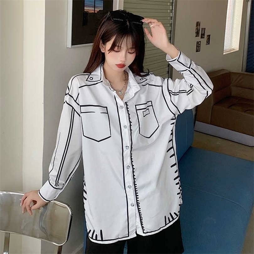 

chic California sky oversized Women' Blouses Graffiti print shirts Spring Summer long sleeve Tops Loose Blusas Mujer 210702, Beige