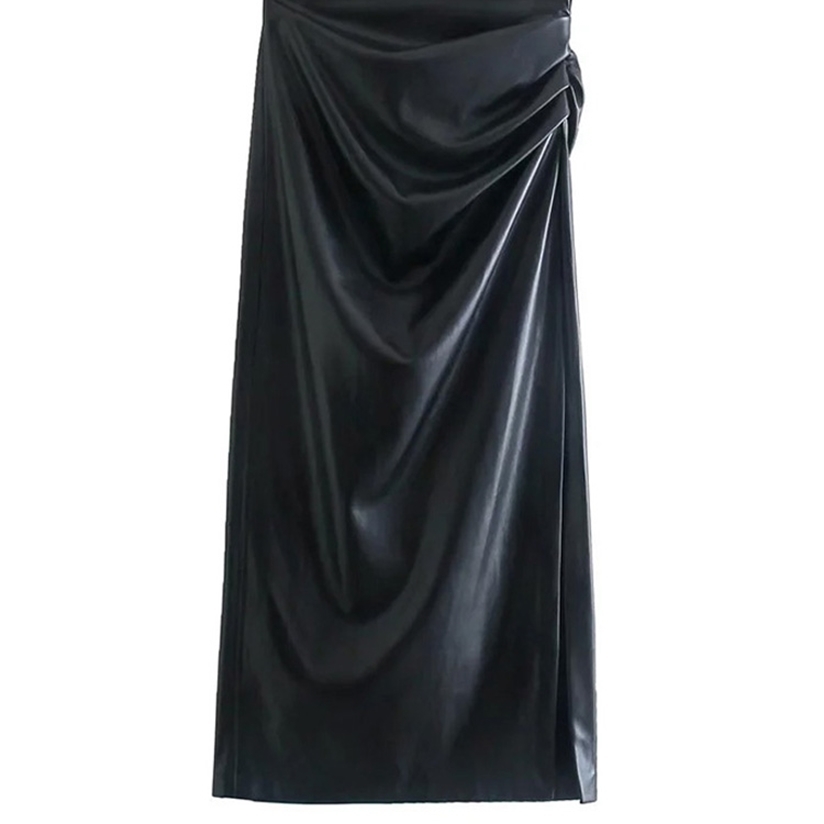 

TRAF Women Fashion Faux Leather Pleated Side Slit Midi Pencil Skirt Vintage High Waist Back Zipper Female Skirts Mujer 220322, As picture