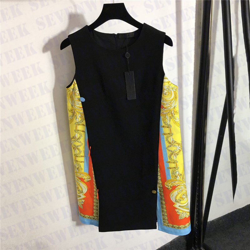 

Vintage Print Slit Vest Dresses For Women Designer Luxury Sleeveless Party Wedding Dress Fashion Ladies Skirts Summer, Black