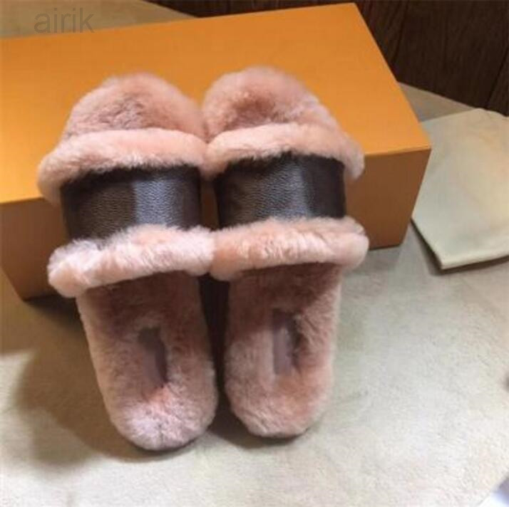 

Ladies Sandals Lock IT Flat Mule Mink Fur Slipper Cognac Brown Patent Canvas Slides Sandal Winter Booties Women Fashion Shoes