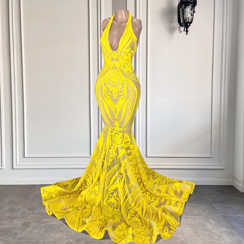 

Party Dresses Arrival Sexy Mermaid V-neck Sleeveless Yellow Sequin Black Girls Long Prom 2022 For Birthday PartyParty