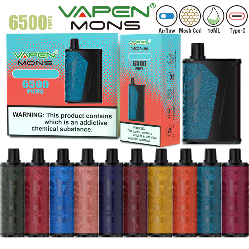 

Original VAPEN MONS 6500Puffs Disposable Vape Device e cigarettes Kits 16ML Capacity Mesh Coil Airflow Adjustable Type C Interface Leather Patch Design Mod Vapor, Mix colors