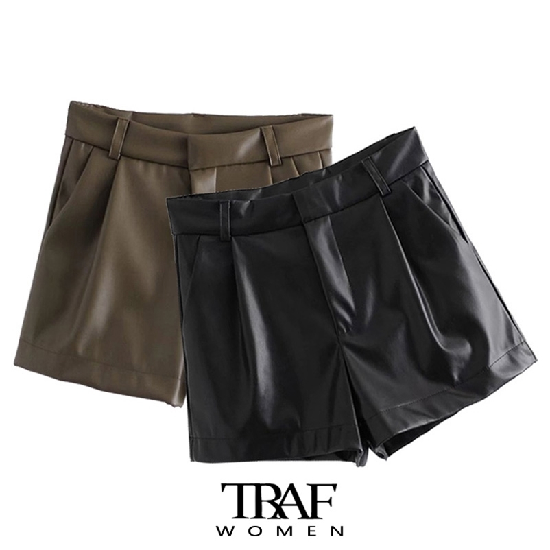 

TRAF Women Chic Fashion Side Pockets Faux Leather Shorts Vintage High Waist Zipper Fly Female Short Pants Mujer 220419, As picture