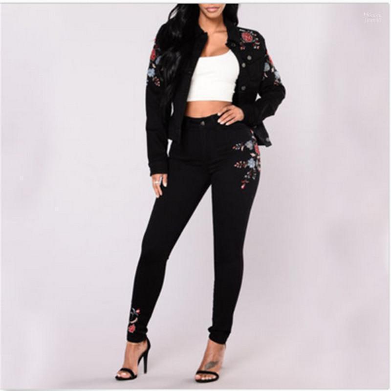 

Women's Jeans 2022 Fashion Womens High Waist Embroidered Floral Pencil Pants Female Denim Black Skinny Trousers