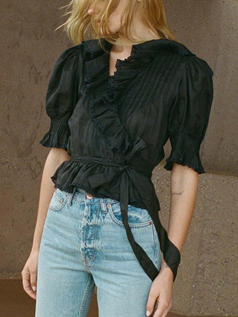 

Women' Blouses & Shirts Women Retro French V-neck Ruffled Wrap Shirt With Lace-up Solid Color Short Puff Sleeve Blouse 2022 Summer Lady Ele, White