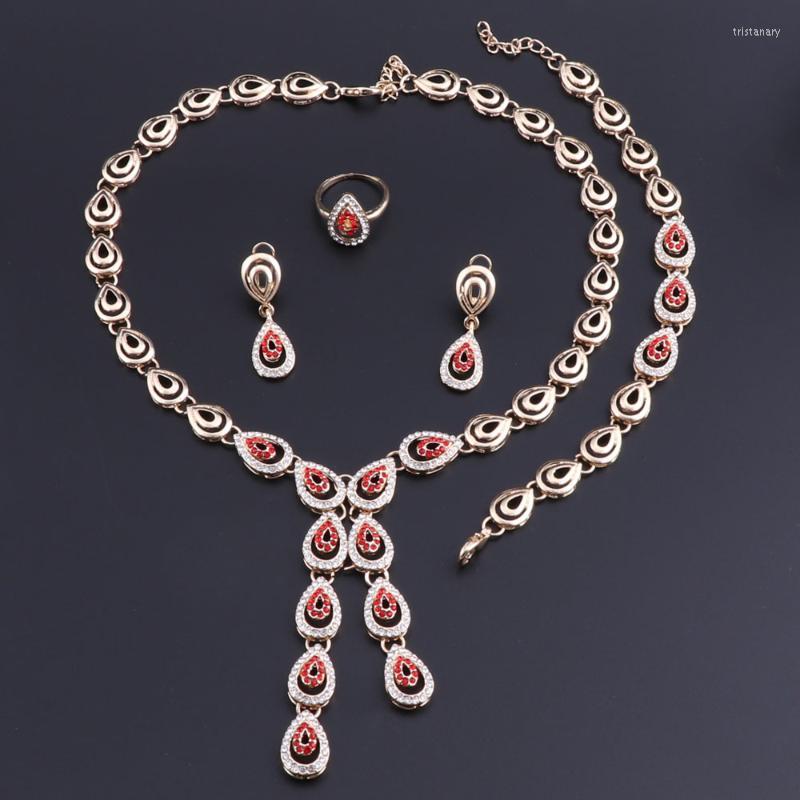 

Earrings & Necklace Jewelry Sets For Women Fashion Wedding Water Drop Crystal Bracelet Ring Party AccessoriesEarrings, As pic