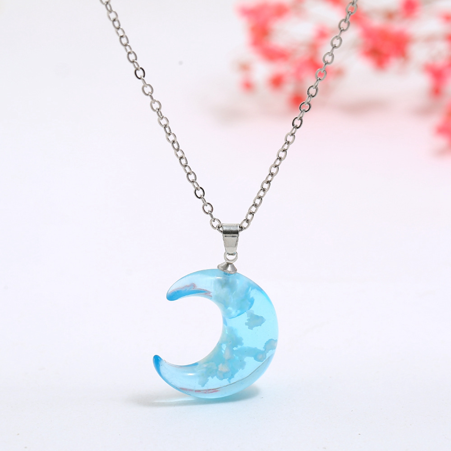 

12Pcs Transparent Resin Blue Sky White Cloud Moon Pendant Necklace For Women Gir Fashion Jewelry Gifts
