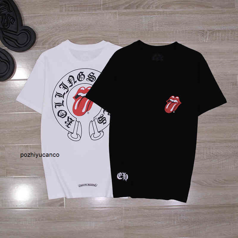 men chrome//heart Correct version of rolling stone horseshoe red big tongue short sleeve T-shirt for men and women