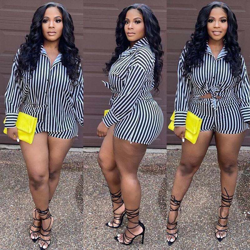 

Women' Tracksuits Women Two Piece Sets Long Sleeve Button Up Shirts Striped & Biker Shorts Fall Office Casual Matching OutfitsWomen, Black