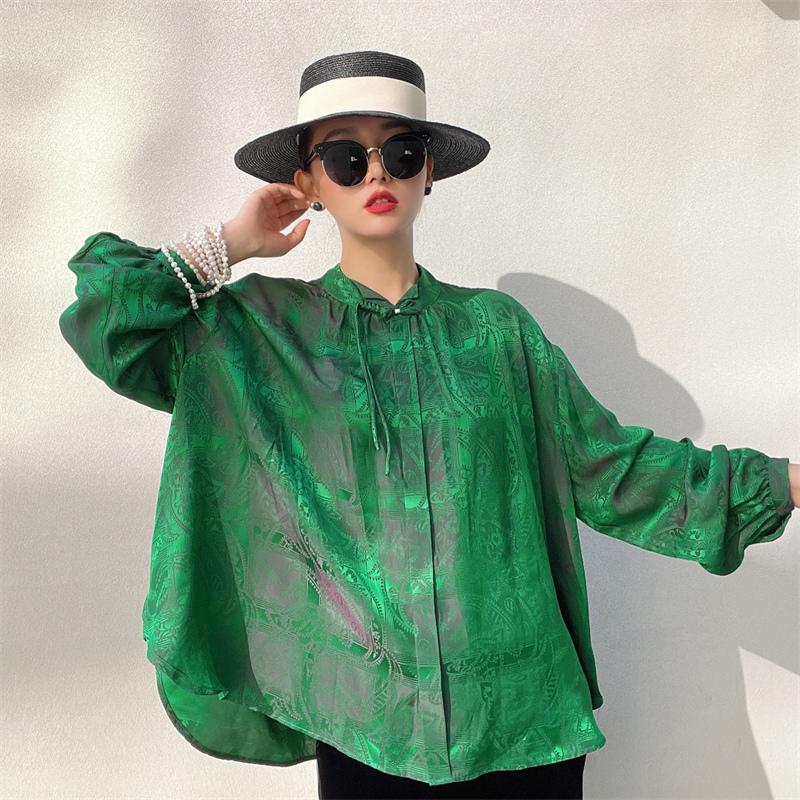 

Women' Jackets High-End Green Gradient Loose Silk Blouse Vintage Style Elegant Jacquard Mulberry Top -XL