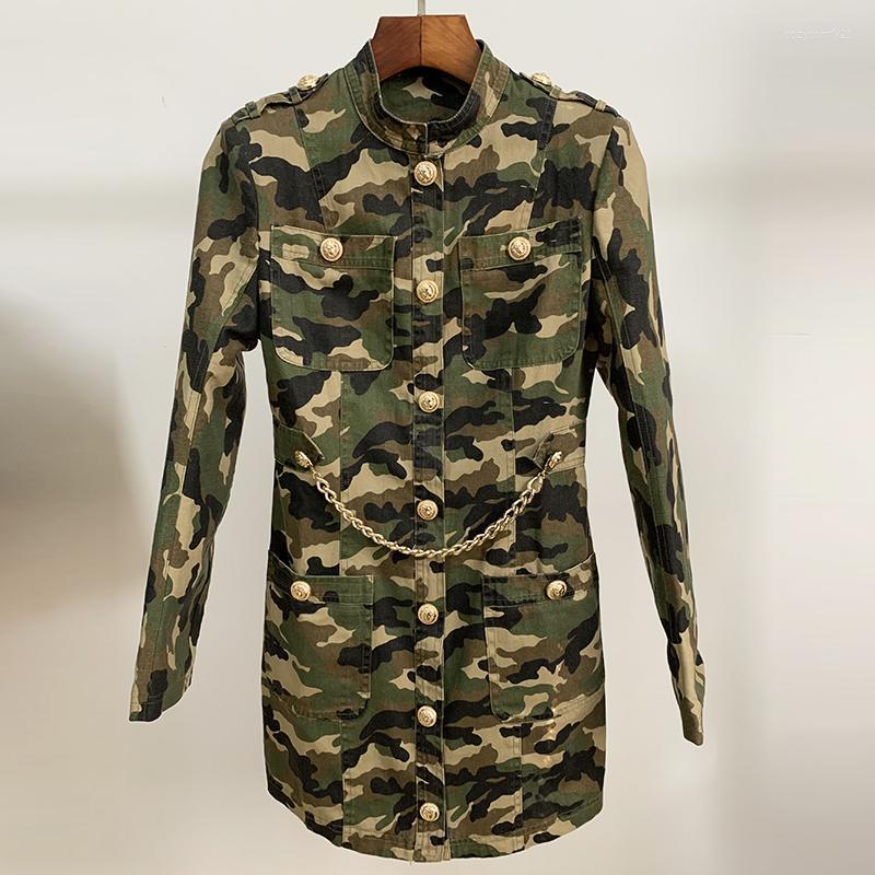 

Casual Dresses High Quality Est Nice Designer Dress Women' Long Sleeve Chain Lion Buttons Camouflage Military, As pic