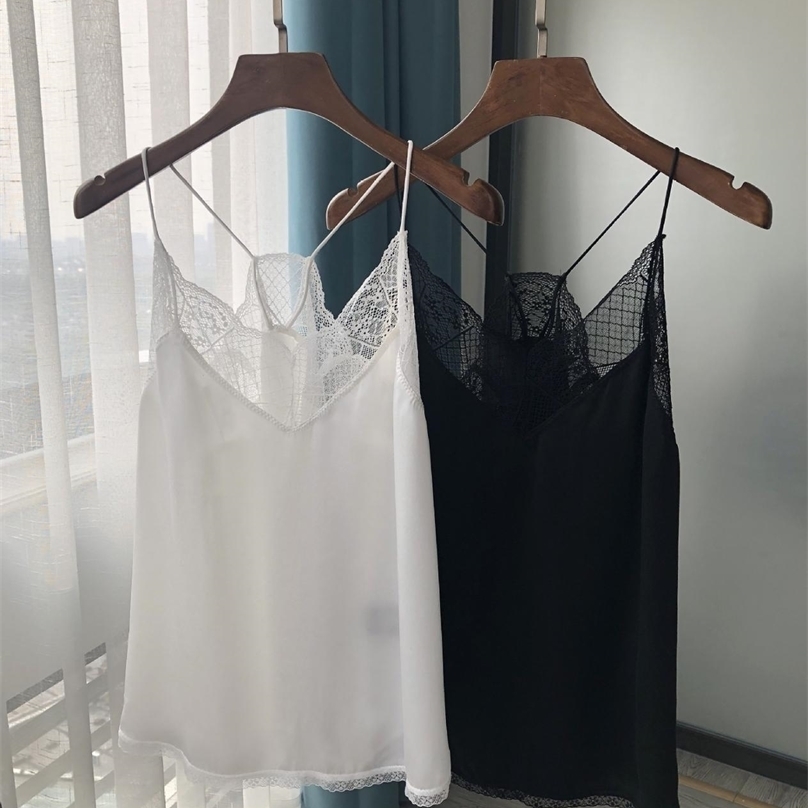 

Women Sexy Black Vest Sling Tank Tops Lace Stitching Backless Bottoming Female Summer Camis 220318, White