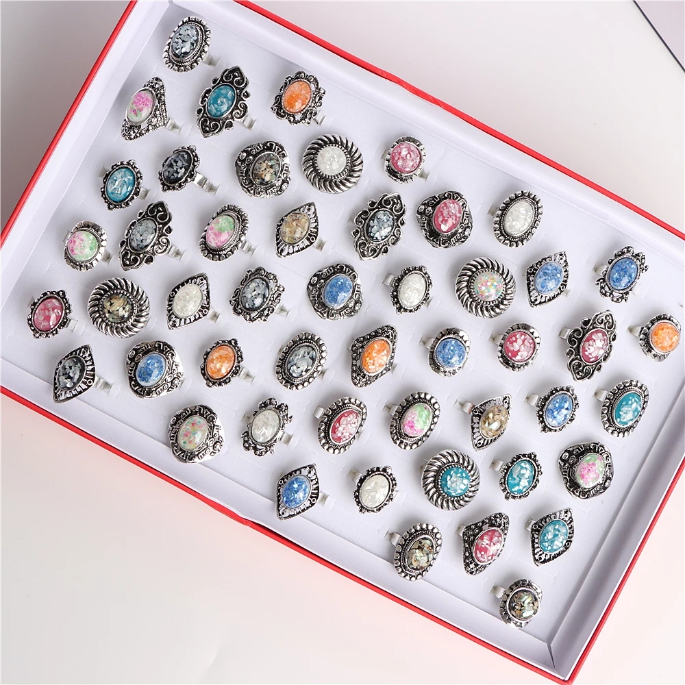 

20Pcs/Lots Vintage Colorful Geometry Stone Adjustable Open Rings Jewelry For Women Party Gift Flower Wholesale
