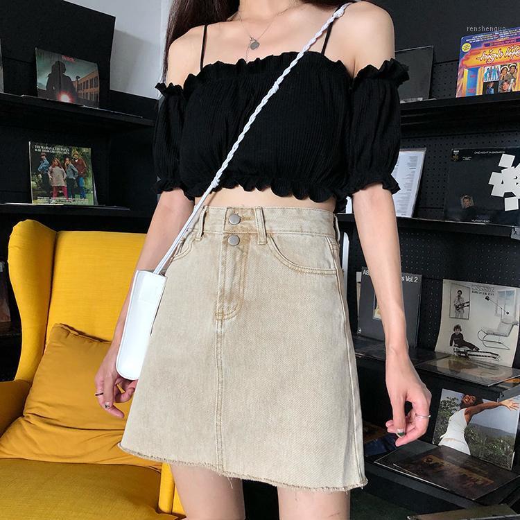 

Women A-line Denim Skirts High Waist Button Slim Package Hip Skirt 2022 Summer Korean Femme Elegant Half-Length, Blue