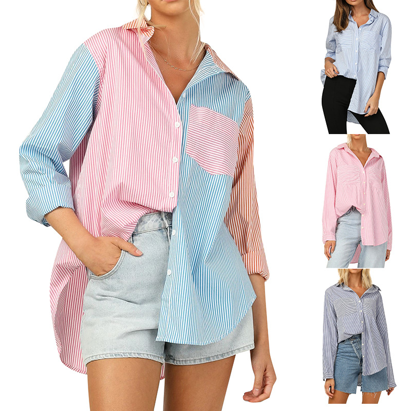 

Pink Striped Patchwork Button Up Shirts 2022 Spring Women Casual Lapel Long Sleeve White Blouse Y2k Fashion Irregular Hem Shirt