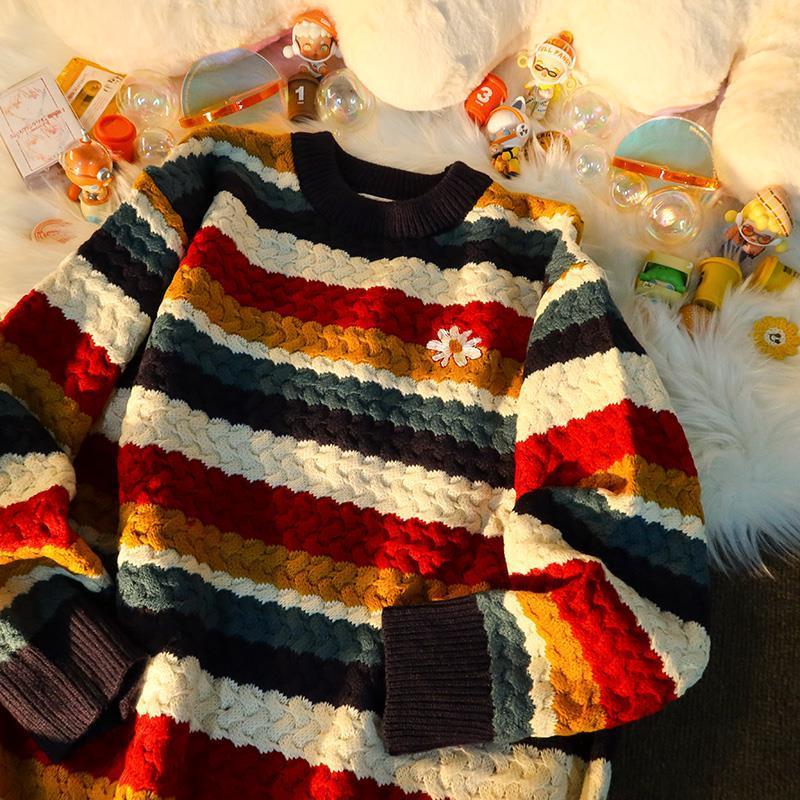 

Women' Sweaters Sweater Hugs Rainbow Japanese Striped Men And Women Christmas Retro Daisy Lazy Wind Loose Couple KnitwearWomen, Blue