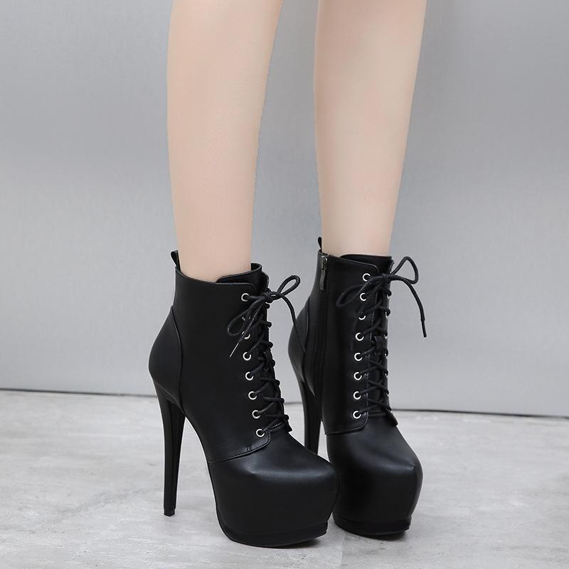 

Dress Shoes Fashion Women Boots Solid 15cm High Heels Party Club Female Pumps Ankle Booties Platform(6cm) Zippers Spring/Autumn Cross-tied, Black