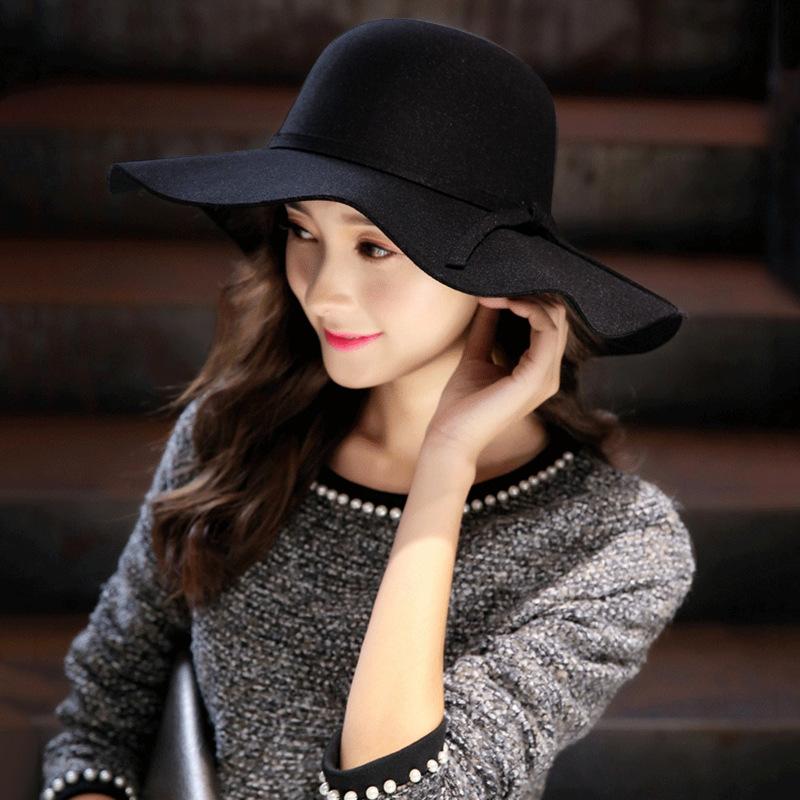 

Stingy Brim Hats Soft Wool Women Hat Vintage Wide Dom Bowknot Ladies Floppy Felt Fedora Cap, Blue;gray