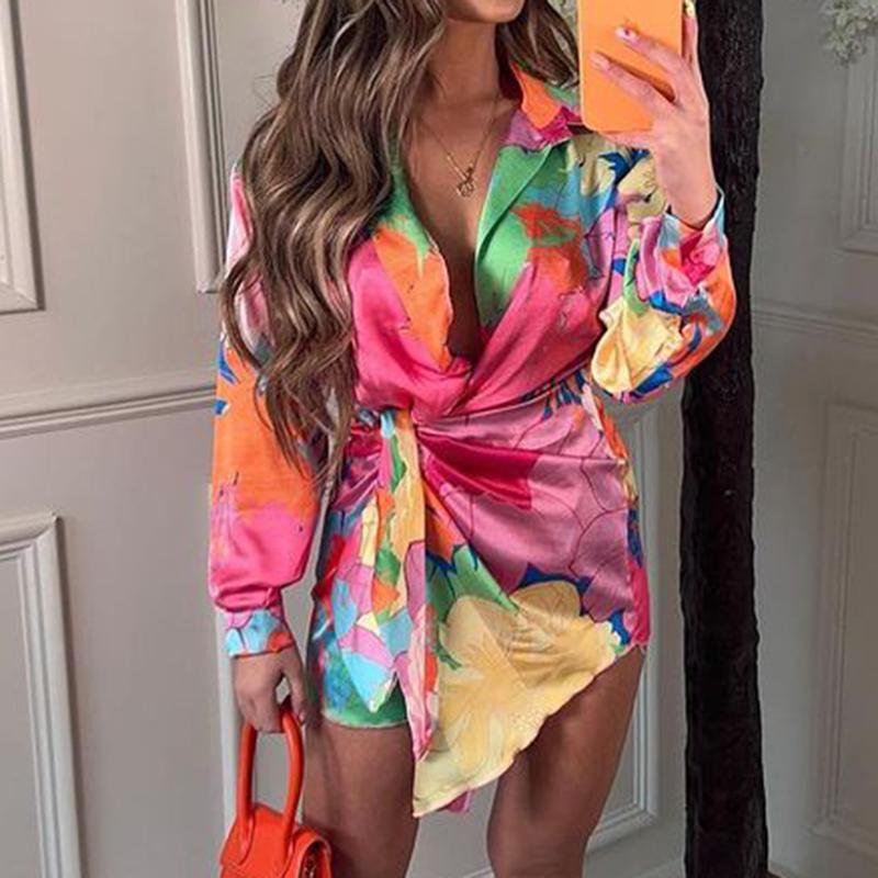 

Women' Blouses & Shirts Fandy Lokar Turn Down Collar Dresses Women Fashion Asymmetrical Printed Dress Elegant Long Sleeve Female LadiesWome, As picture